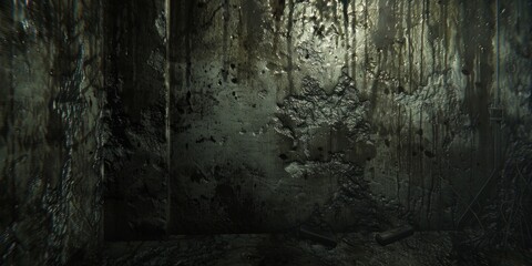 Wall Mural - A dark room with a wall covered in blood and other stains