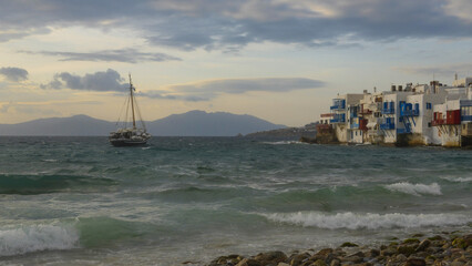 Wall Mural - Boat at sea near Mykonos, Greece