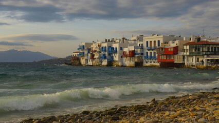 Wall Mural - Colorful buildings along the ocean in Mykonos, Greece