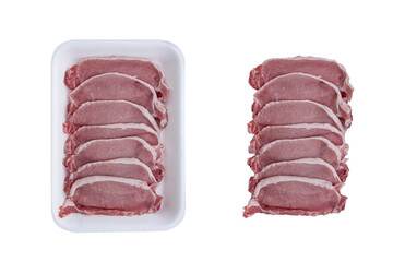 Row pork meat fillet and plasic package isolated on white background