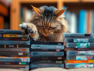 Wall Mural - A cat is playing with a stack of CDs. The cat is looking at the CDs and seems to be curious about them. The scene is playful and lighthearted, as the cat is not afraid to interact with the CDs