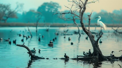 Wall Mural - beautiful shot turquoise blue water lake pond bird photography sanctuary white egret crane perched dead tree branch Moorhens marsh hen coot wading