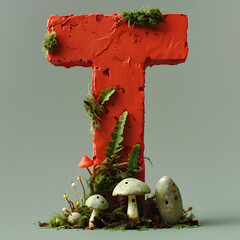 Wall Mural - The letter T is made out of a red brick and surrounded by various plants and mushrooms. The image has a whimsical and playful mood, as it seems to be a creative