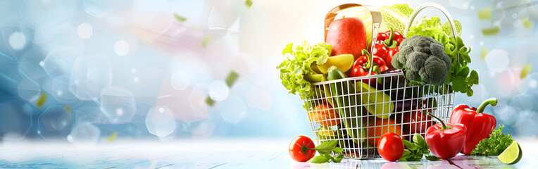 Shopping trolly with fresh foods groceries diet kitchen cooking content on doted blue blurred background
