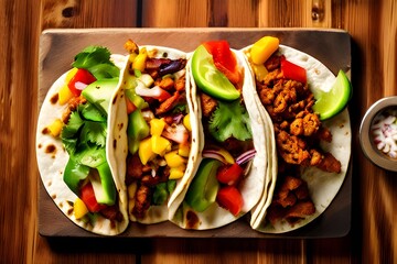 Wall Mural - Mexican tacos al pastor with vegetables and meat in corn tortillas on wooden background top view