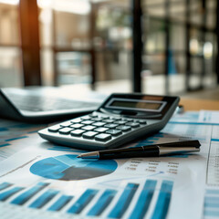 Poster - business financial statement with a calculator on the table in modern office, business finance audit