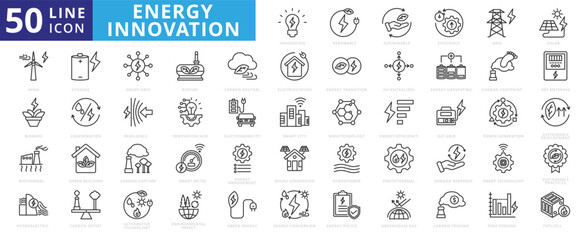 energy innovation icon set with renewable, sustainable, efficiency, power grid, solar, wind, biother