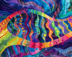 Poster - Vibrant abstract painting with colorful, wavy patterns and intricate designs, creating a mesmerizing visual effect.