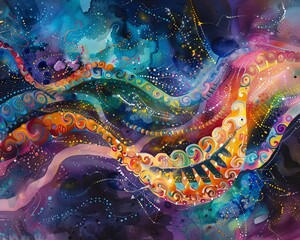 Poster - Vibrant abstract painting with flowing colorful patterns and swirling shapes, blending blues, pinks, purples, and greens in a mesmerizing display.