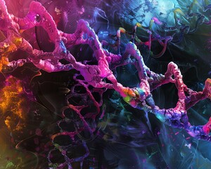 Poster - Vibrant abstract representation of DNA strands with vivid colors, showcasing genetic complexity and diversity in a dynamic visual composition.