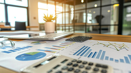 Poster - business financial statement with a calculator on the table in modern office, business finance audit concept photo