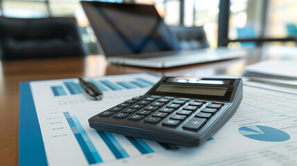 Poster - business financial statement with a calculator on the table in modern office, business finance audit concept photo