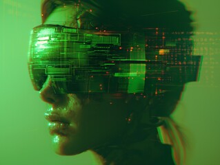 Wall Mural - A woman wearing a green virtual reality headset. The woman is looking at the camera, and the image has a futuristic