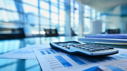 Poster - business financial statement with a calculator on the table in modern office, business finance audit concept photo