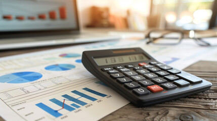 Wall Mural - business financial statement with a calculator on the table in modern office, business finance audit concept photo