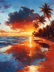 Wall Mural - oil painting, tropical island beach at sunset or sunrise, dusk or dawn, travel and landscape. Wall Art Design for Home Decor, 4K Wallpaper and Background for Computer, Smartphone, Cellphone, Mobile