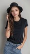 © Montalumirock - Young female wearing black blank t shirt mockup for print image fashion trendy