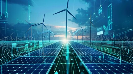 digital transformation in renewable energy with solar panels and wind turbines against a futuristic 