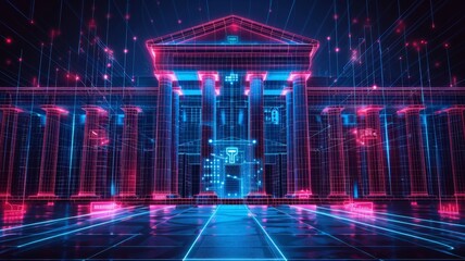 Sticker - Digital futuristic courthouse with neon lights, depicting cybersecurity, blockchain, and digital law in a bright blue and pink grid.