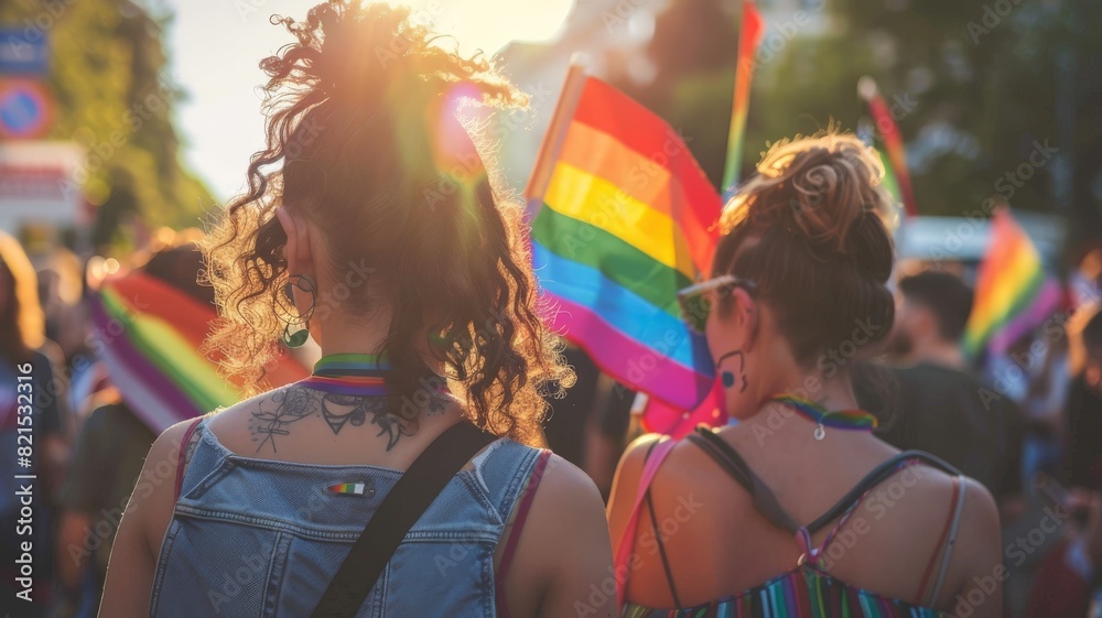 Two people with rainbow flags at a pride parade, showing support and ...