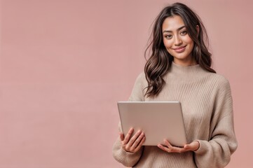 A woman holding a tablet or notebook standing against a pink background and isolated. smiling young girl.