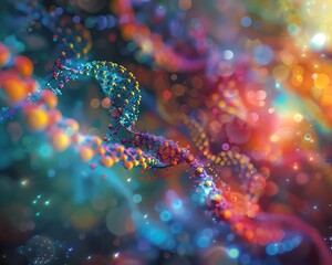 Abstract colorful representation of DNA strands and genetic information, showcasing vibrant molecular structure in a microscopic view.