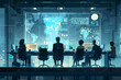 © Warunporn - People meeting in futuristic office with holographic data visualization Corporate strategy for finance, operations, marketing. Generative AI.