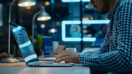 Poster - software engineer typing on laptop at desk in modern office, a programmer writing a software code on computer, digital technology 