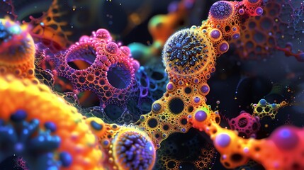 Poster - Colorful abstract digital art depicting intricate molecular structures and vibrant shapes, ideal for science and technology concepts.