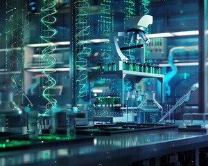 Poster - High-tech laboratory with advanced scientific equipment, test tubes, and DNA helix graphics showcasing futuristic medical and research technology.