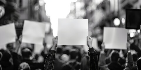 A group of people at a protest are holding up blank signs.