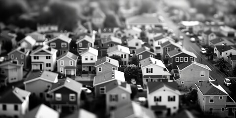 Black and white photo of a dense neighborhood of small homes.