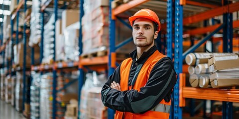 Portrait of a warehouse worker wearing hardhat and safety vest standing with arms crossed in a large modern warehouse or distribution center.