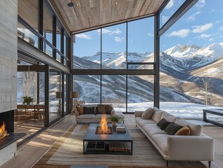 A large living room with a fireplace and a view of mountains. The room is filled with white furniture and a large couch