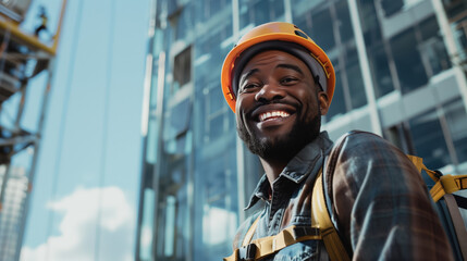 A black African worker at a construction site. A happy man in an orange construction helmet smiles