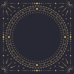 square celestial frame. vector ornate background with concentric golden circle border adorned with s