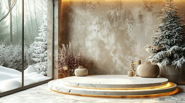 Holiday Elegance: Beige Splay Christmas Studio Text on a 3D Pedestal