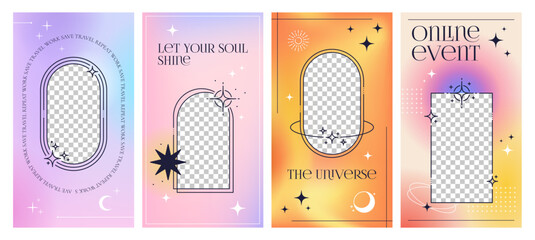 Aufkleber - y2k gradient social media template. Modern aesthetic posters with vector line frames and abstract shapes on pastel gradient background. Minimal outline sun, moon, stars or sparkles social media covers