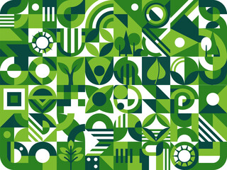 Aufkleber - Green environment abstract modern geometric pattern with trees, plants and leaves. Modernism or brutalism vector pattern. Minimalism print or design collage with nature and plants abstract forms