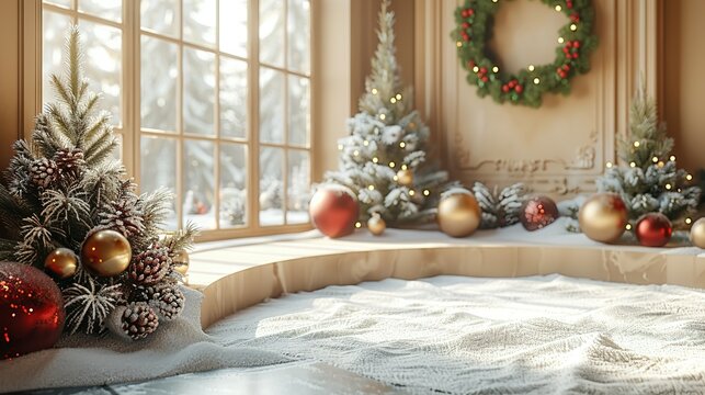 Holiday Elegance: Beige Splay Christmas Studio Text on a 3D Pedestal