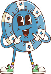 Poster - cartoon groovy retro casino chip character with funky face smile, vector comic. groovy funny casino 