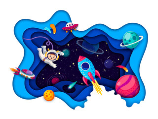 Poster - Cartoon kid astronaut in outer space paper cut landscape. Space galaxy vector background with alien UFO, rocket and spaceship, planets, stars and funny astronaut character in 3d layered papercut frame