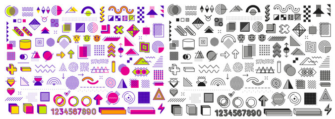 Aufkleber - Abstract Memphis geometric color and monochrome shapes. Colorful Memphis design elements, abstract graphic pattern or funky line art vector shapes. Minimalistic geometric figures or forms set