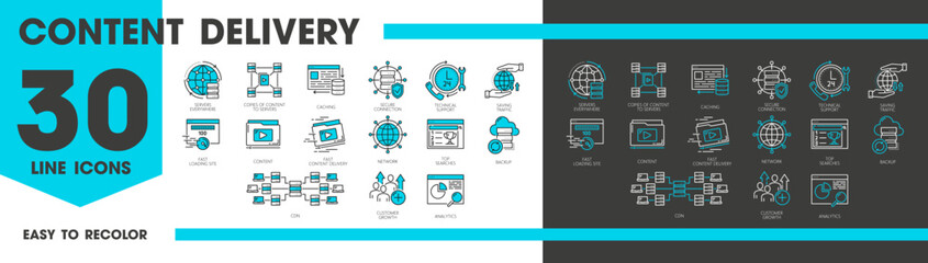 Fototapete - Cdn line icons. Content delivery network symbols. Analysis, customer growth, top searches and backup. Network, fast content delivery, loading site. Saving traffic, technical support, secure connection