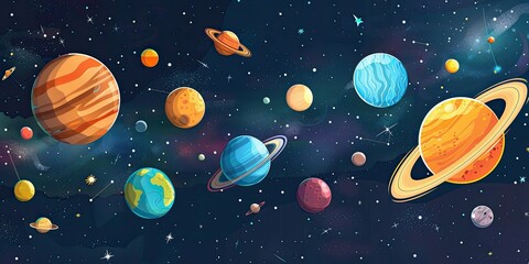 an illustration of the solar system with all planets and stars in it, cartoon style, dark background