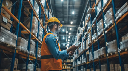 Poster - modern artificial intelligence technology for warehouse logistics business management, virtual reality digital software management systems 