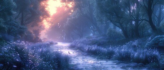 Wall Mural - path through a violet forest at dawn