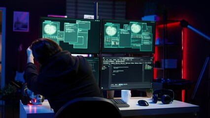 Poster - cheerful cybercriminal celebrating after managing to get past security systems, hiding in secret hq.