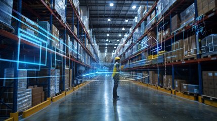 Poster - modern artificial intelligence technology for warehouse logistics business management, virtual reality digital software management systems 