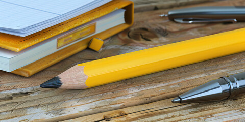 Wall Mural - Sunflower Yellow Pencil: A pencil with a bright sunflower yellow eraser sitting on a wooden desk, next to a notebook and a pen